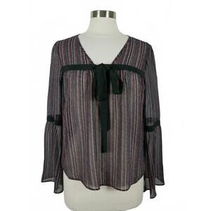 BCBGeneration Womens Sheer Polyester LS V Neck Striped Blouse Bell Sleeves XS